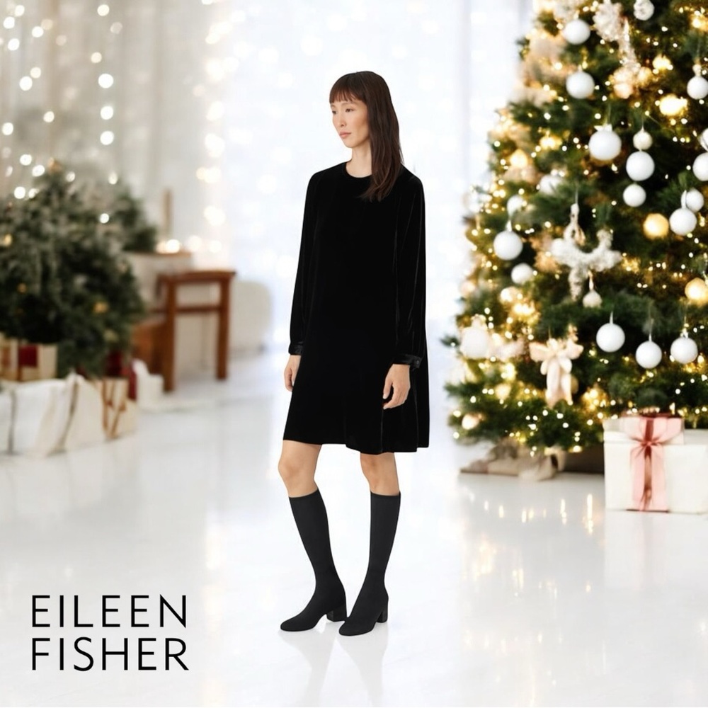 Eileen Fisher Black Long Sleeve Velvet Shift Dress